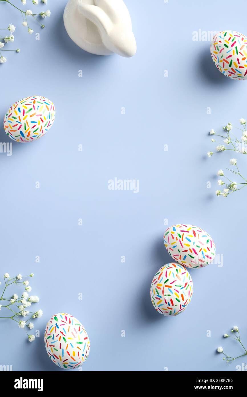 Happy Easter concept. Flat lay composition with Easter eggs, bunny and ...