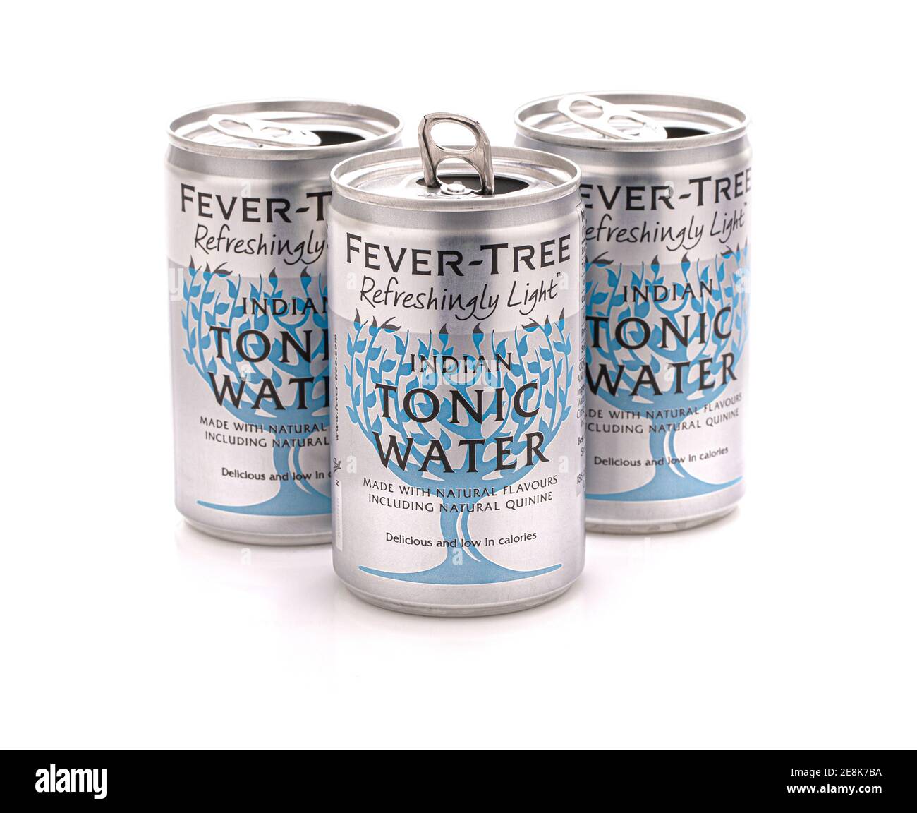 SWINDON, UK - JANUARY 30, 2021: Fever Tree Premium Indian Tonic Water open cans on a white background Stock Photo