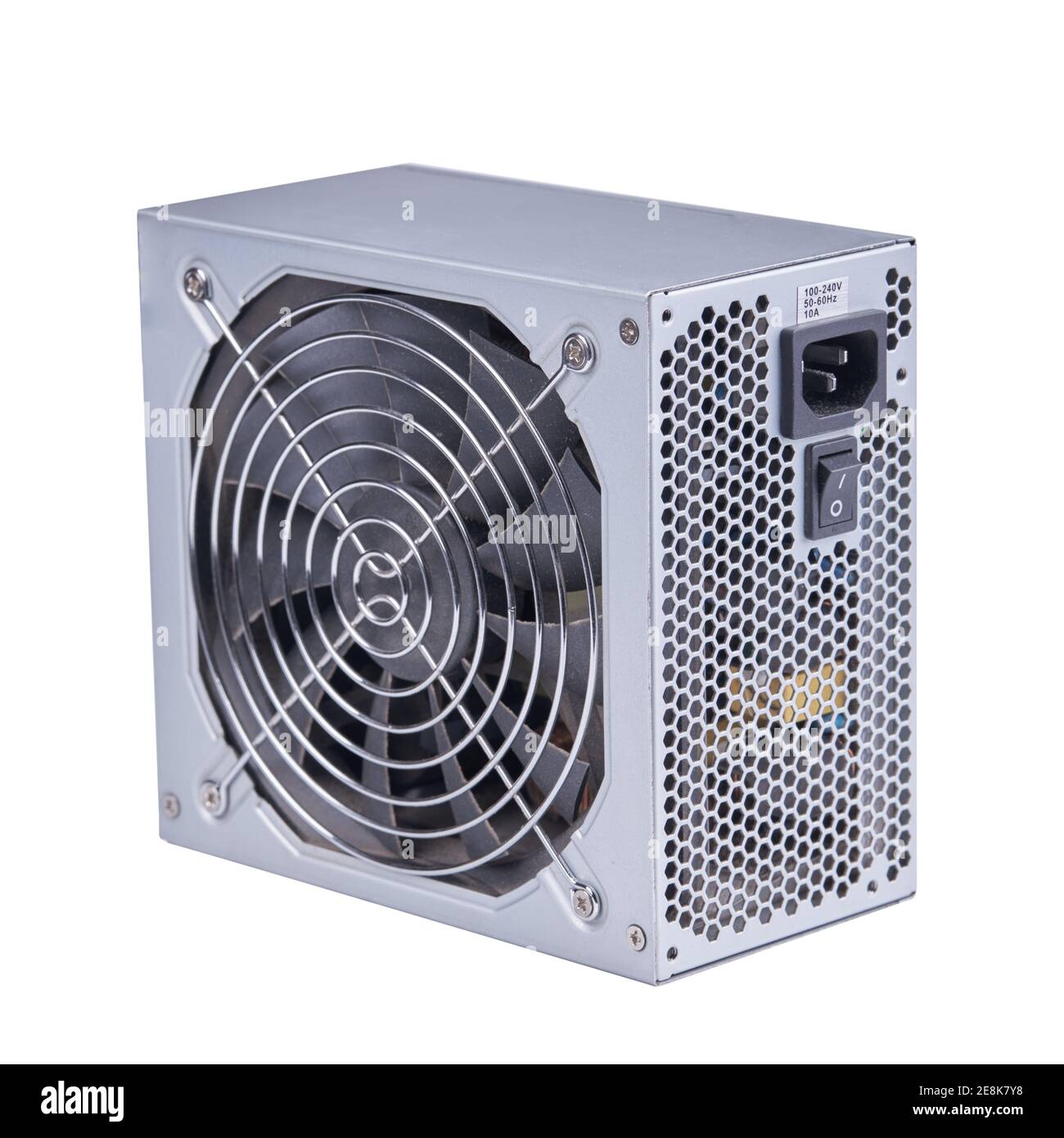 power supply for computer supply. isolated on a white background. silver  colored. vertical orientation Stock Photo - Alamy