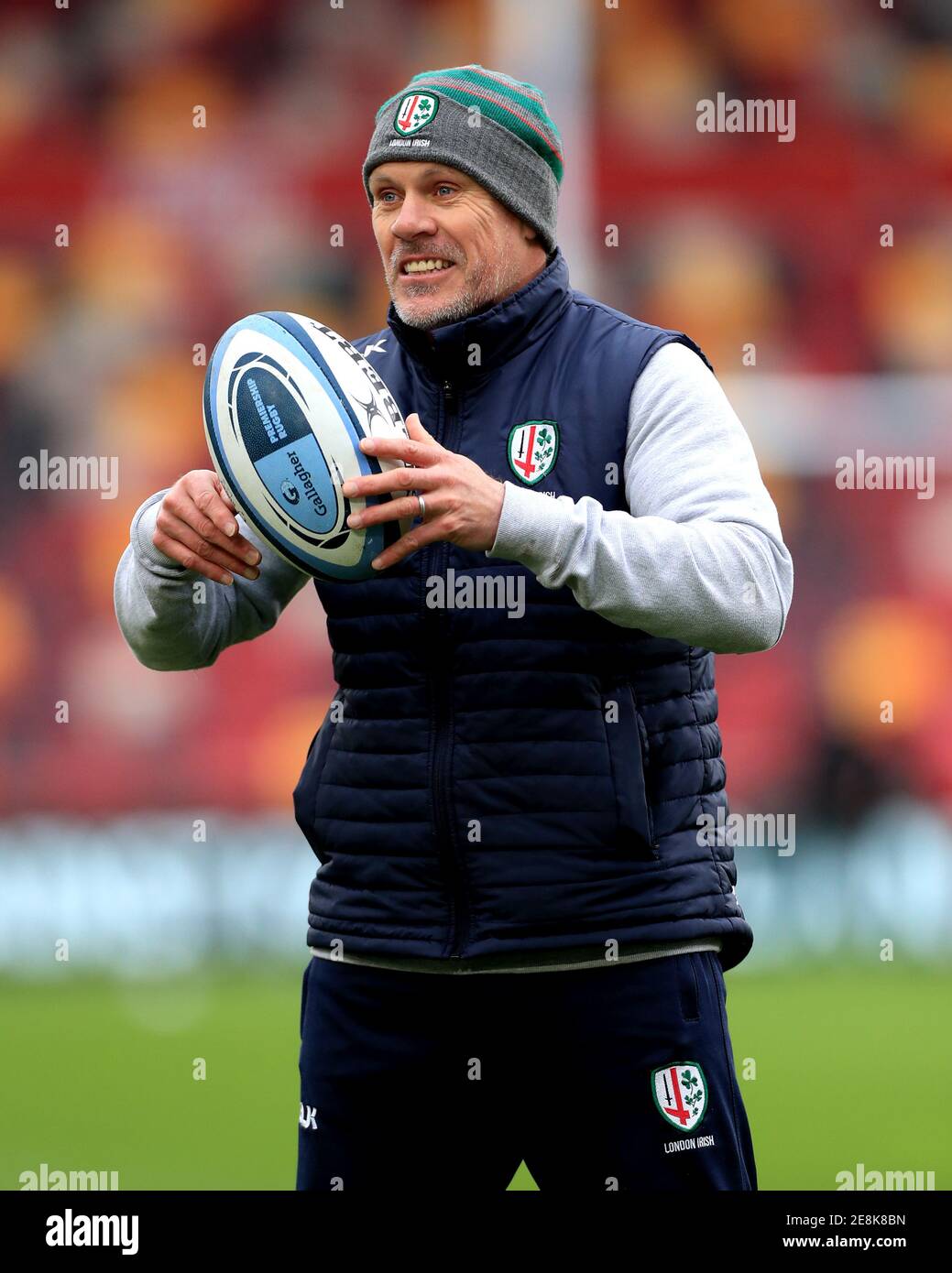 London Irish assistant coach Brad Davis during the pre-match warm up prior to the beginning of the Gallagher Premiership match at Brentford Community Stadium, Brentford. Picture date: Sunday January 31, 2021. Stock Photo