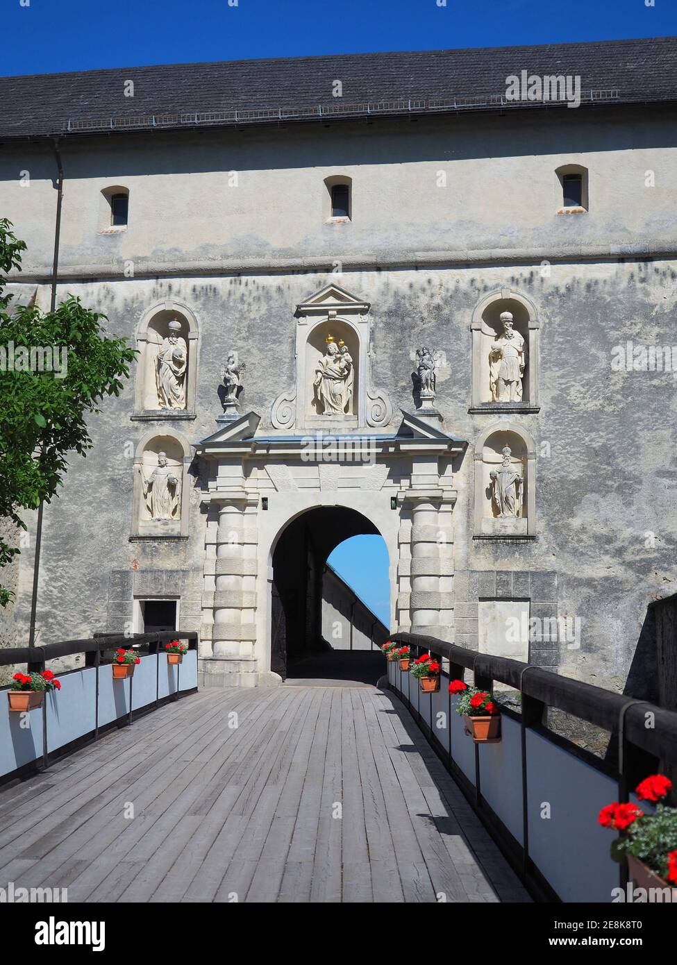 MATTERSBURG, AUSTRIA - June 8, 2017: Entrance to Forchtenstein Castle in Burgenland region. Esterhazy family property.  Stock Photo