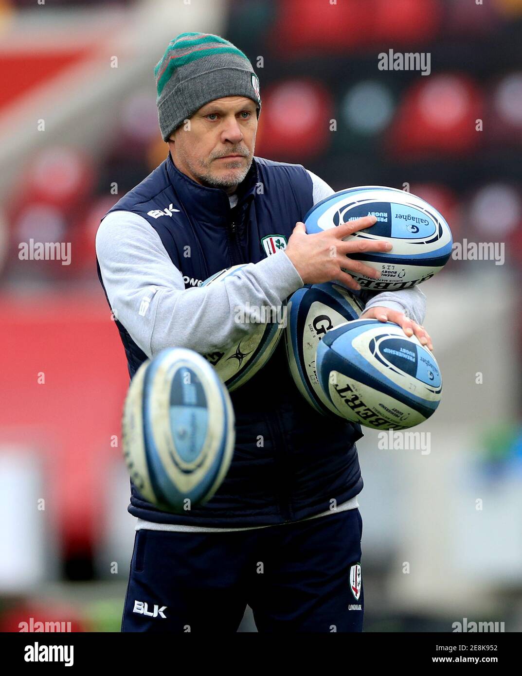 London Irish assistant coach Brad Davis during the pre-match warm up prior to the beginning of the Gallagher Premiership match at Brentford Community Stadium, Brentford. Picture date: Sunday January 31, 2021. Stock Photo