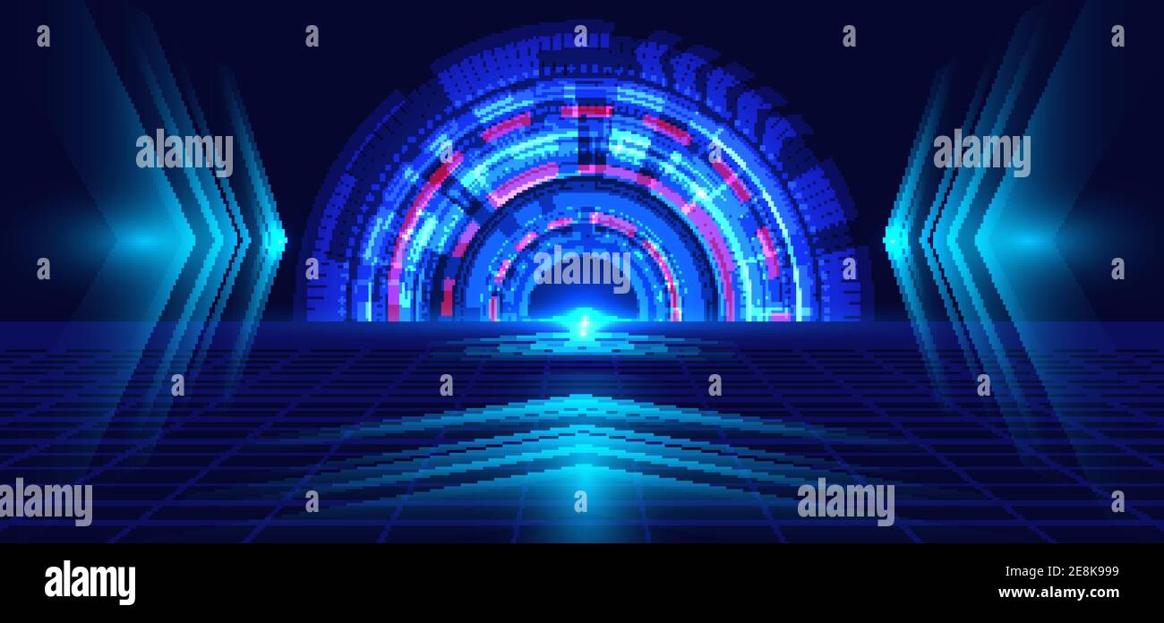 Abstract technology blue circle, light beam and arrow pattern perspective on dark blue grid background Hi-tech communication concept. Digital business Stock Vector