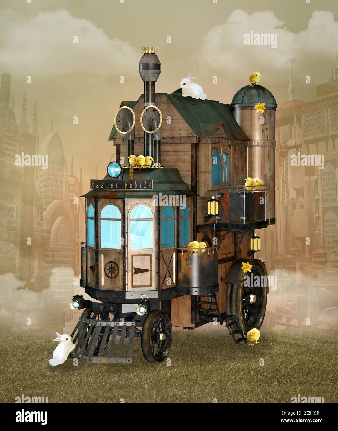 Magic steampunk easter mobile with lovely bunnies and baby chickens Stock Photo
