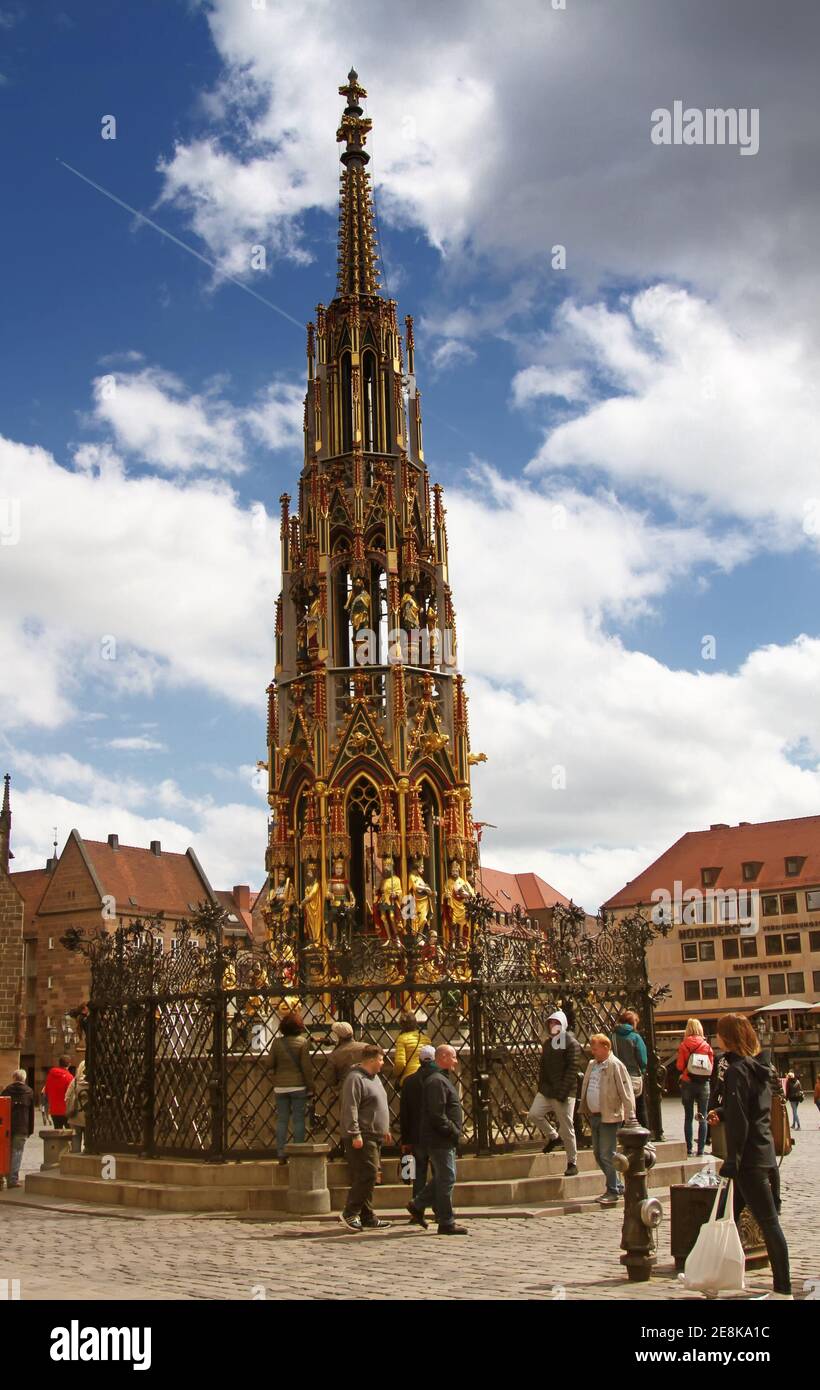 Nurnberg, Beautiful fountain (Schoner Brunnen) and statue. 19 meters high Schoner Brunnen 14th