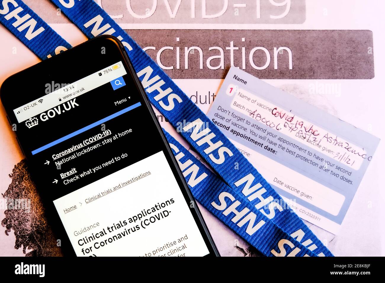London UK, January 31 2021, Mobile Phone Screenshot Of Clinical Trial Applications For Coronavirus Covid-19 Vaccine Stock Photo