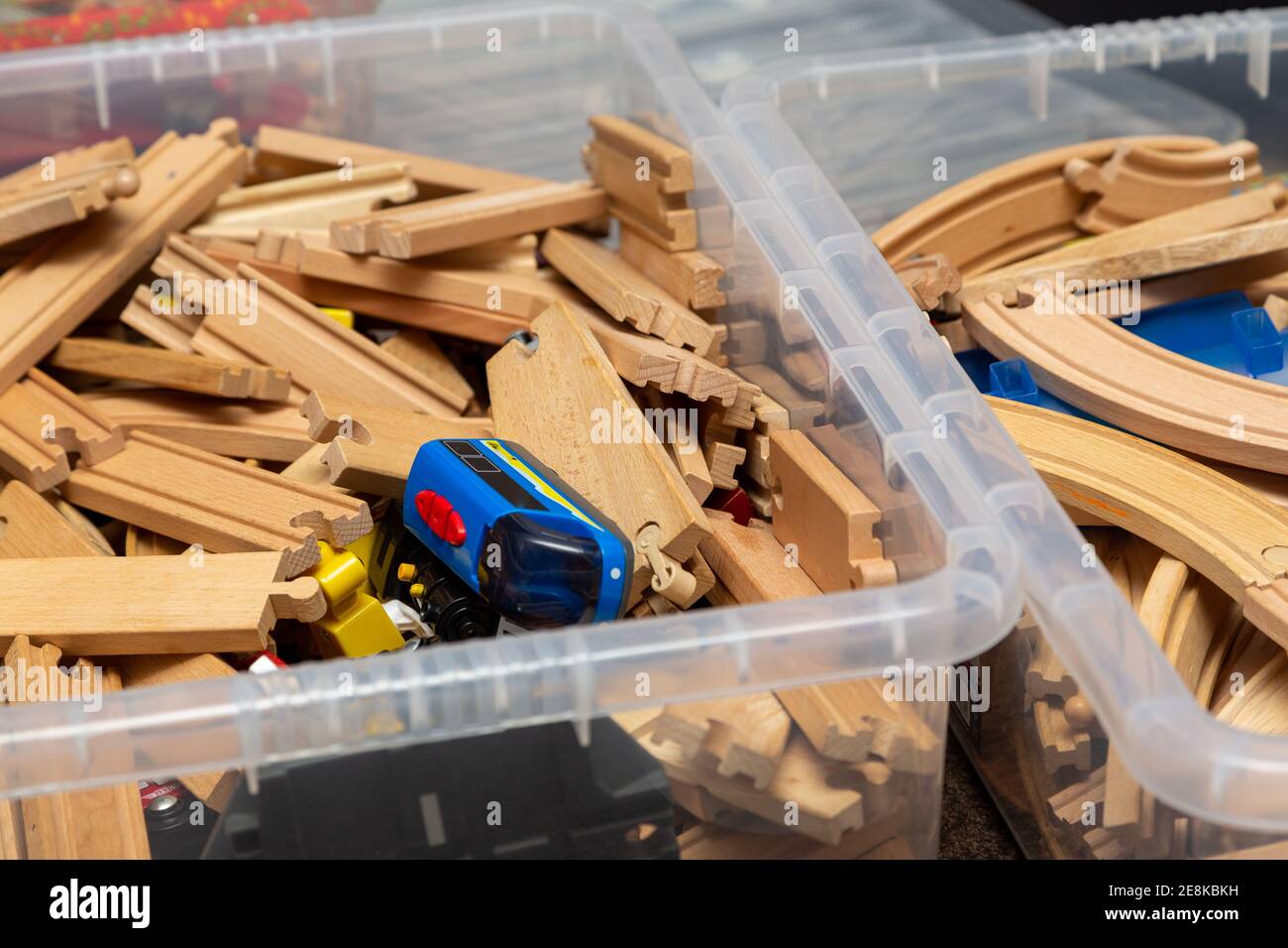 boxes of wooden train track, a popular childrens toy Stock Photo Alamy