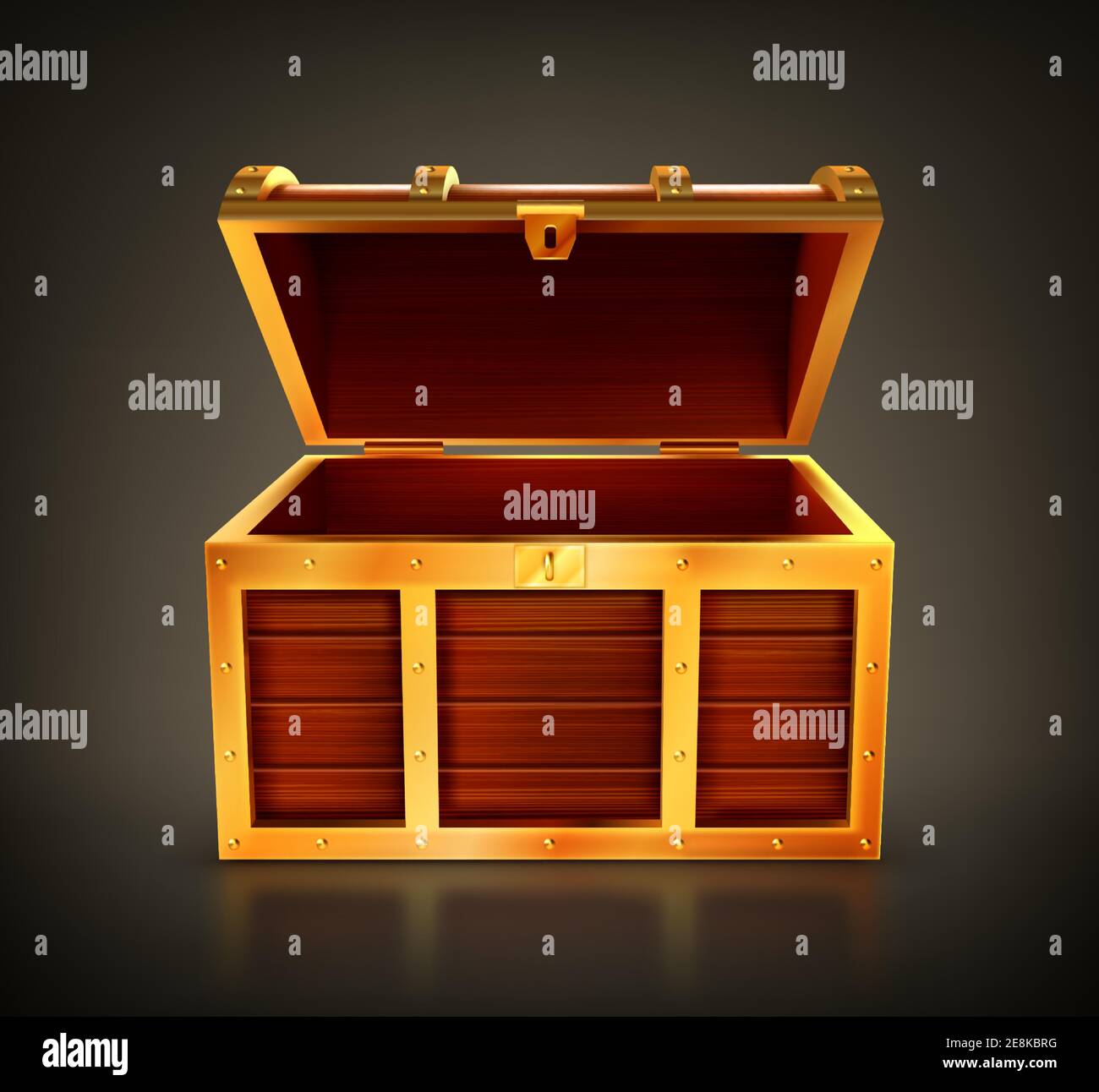 Treasure chest, empty wooden box, open casket with golden details and keyhole. Old trunk for gold or jewelry, pc game item, design element isolated on black background Realistic 3d vector illustration Stock Vector