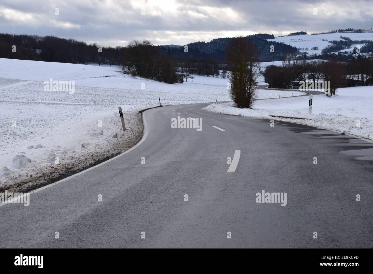 snowy road near Kempenich, Eifel Stock Photo