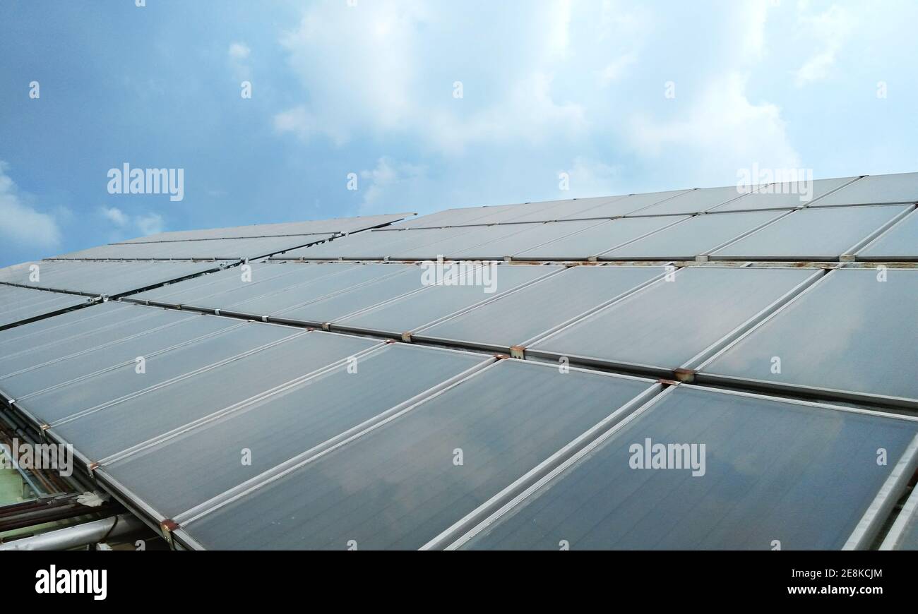 Solar Heat for hot water supply in Building with sunlight and blue sky ...