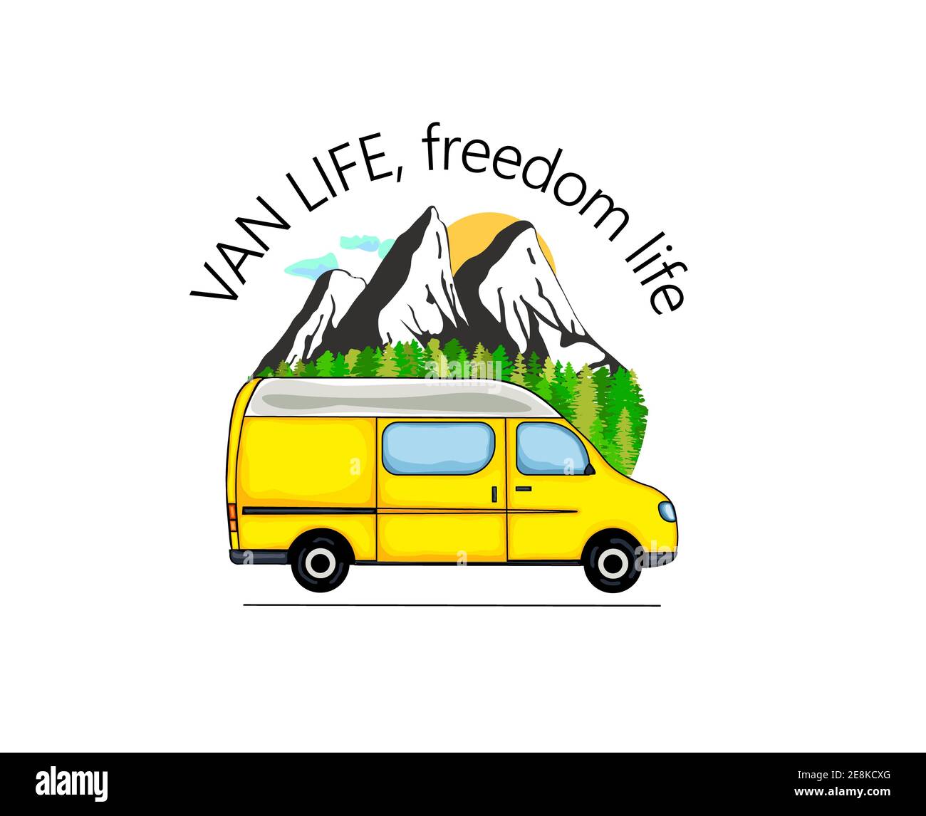 Camper van with forest and mountains in the background