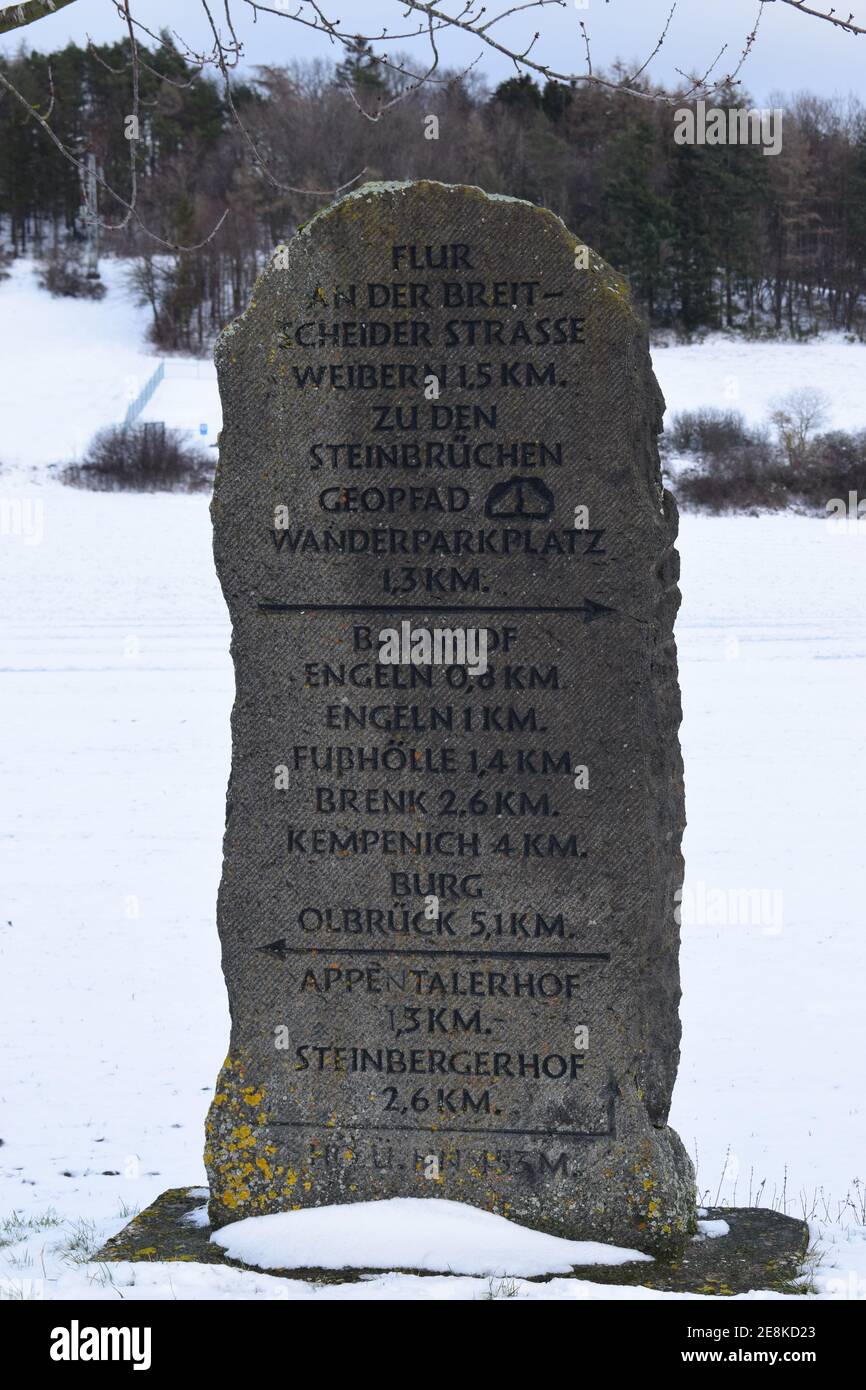 stone way sign near Engeln, Kempenich, Weibern Stock Photo