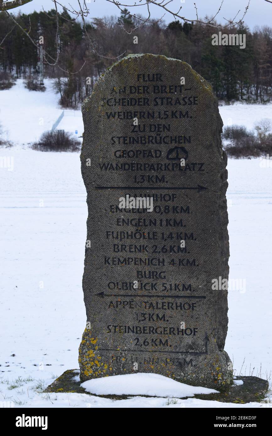 stone way sign near Engeln, Kempenich, Weibern Stock Photo