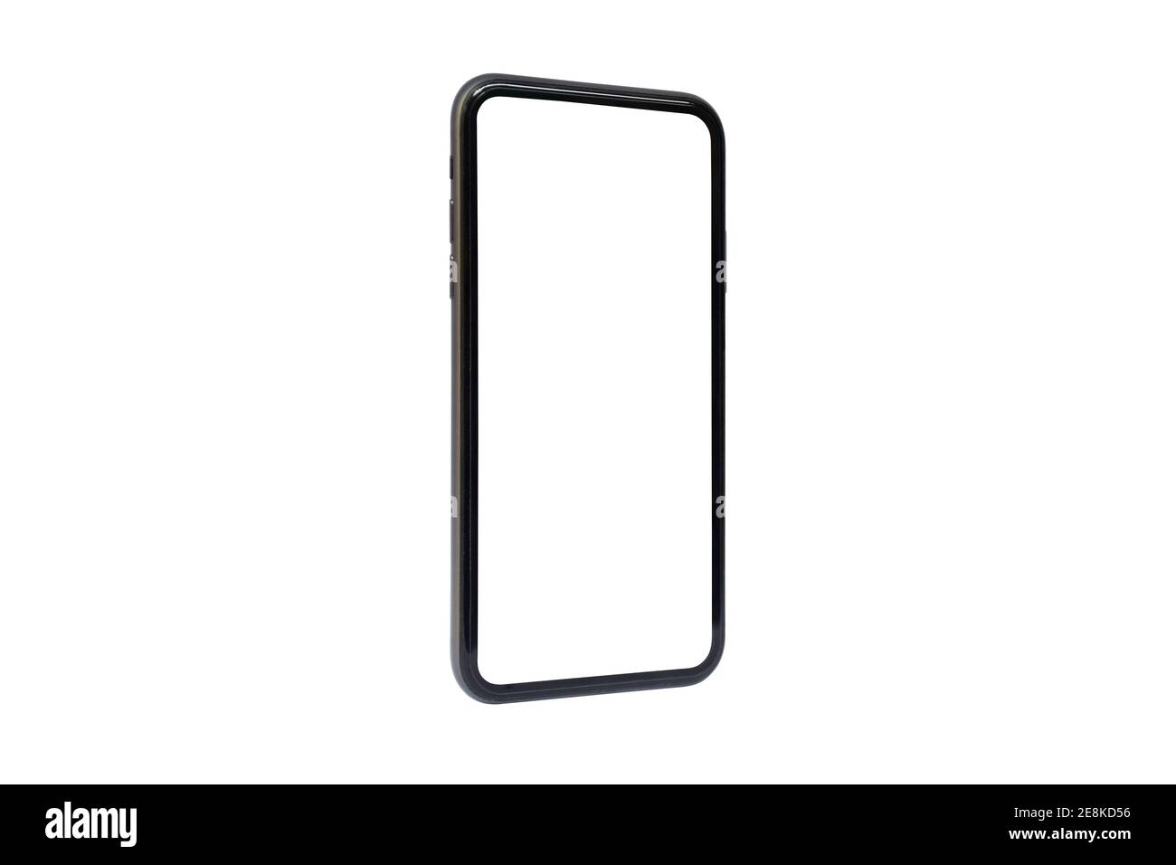 Side view or Perspective view of Smartphone device and blank touching screen for Video call,Work from home concept.isolated with clipping path on whit Stock Photo