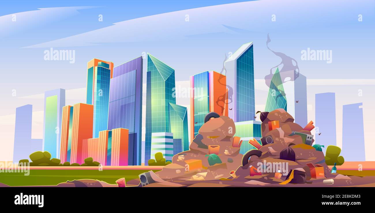 City Dump With Pile Of Garbage And Plastic Trash Junkyard With Town Buildings And Skyscrapers On Background Vector Cartoon Cityscape With Landfill W Stock Vector Image Art Alamy