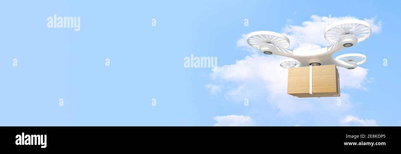 Banner 3D rendering Delivery drone with Box on Blue sky and clouds background,clipping path. - future delivery concept Stock Photo