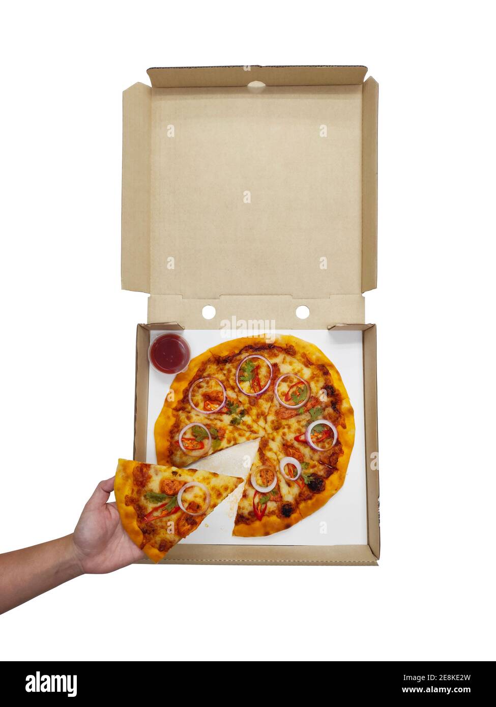 Isolated of Hand holding pizza with pizza in pizza box on white background with clipping path Stock Photo