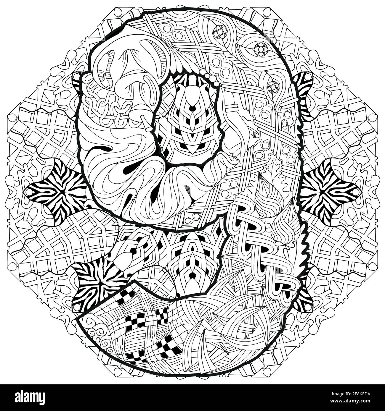 Hand-painted art design. Adult anti-stress coloring page. Black and white hand drawn illustration mandala with numero nine for coloring book Stock Vector
