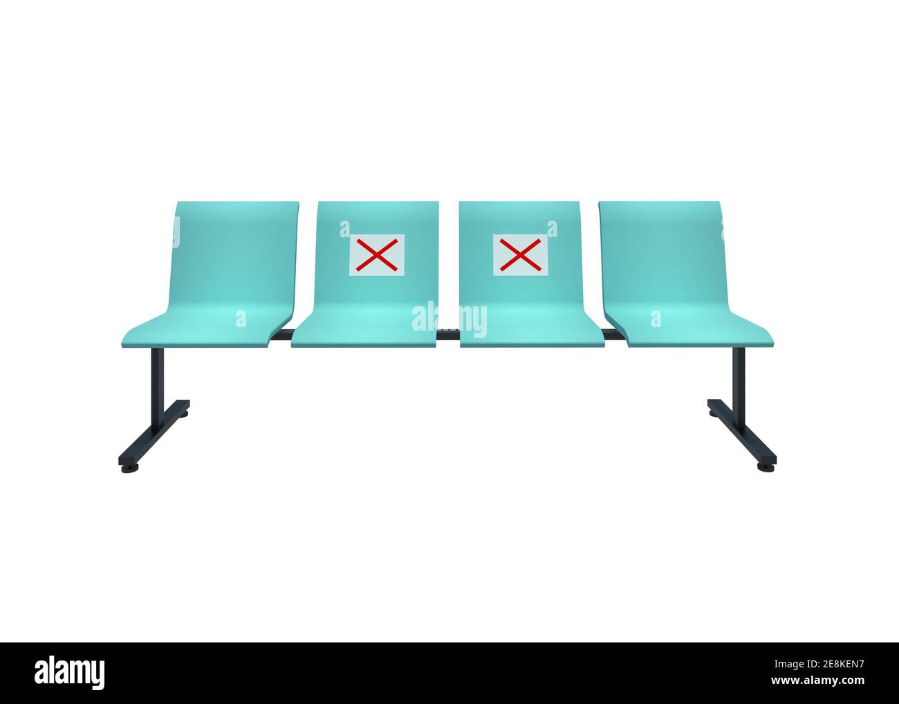 Isolated 3D Illustration 4 Seater Waiting room chairs with no-seat sign for reduce the spread of coronavirus disease 2019 - COVID-19 with clipping pat Stock Photo