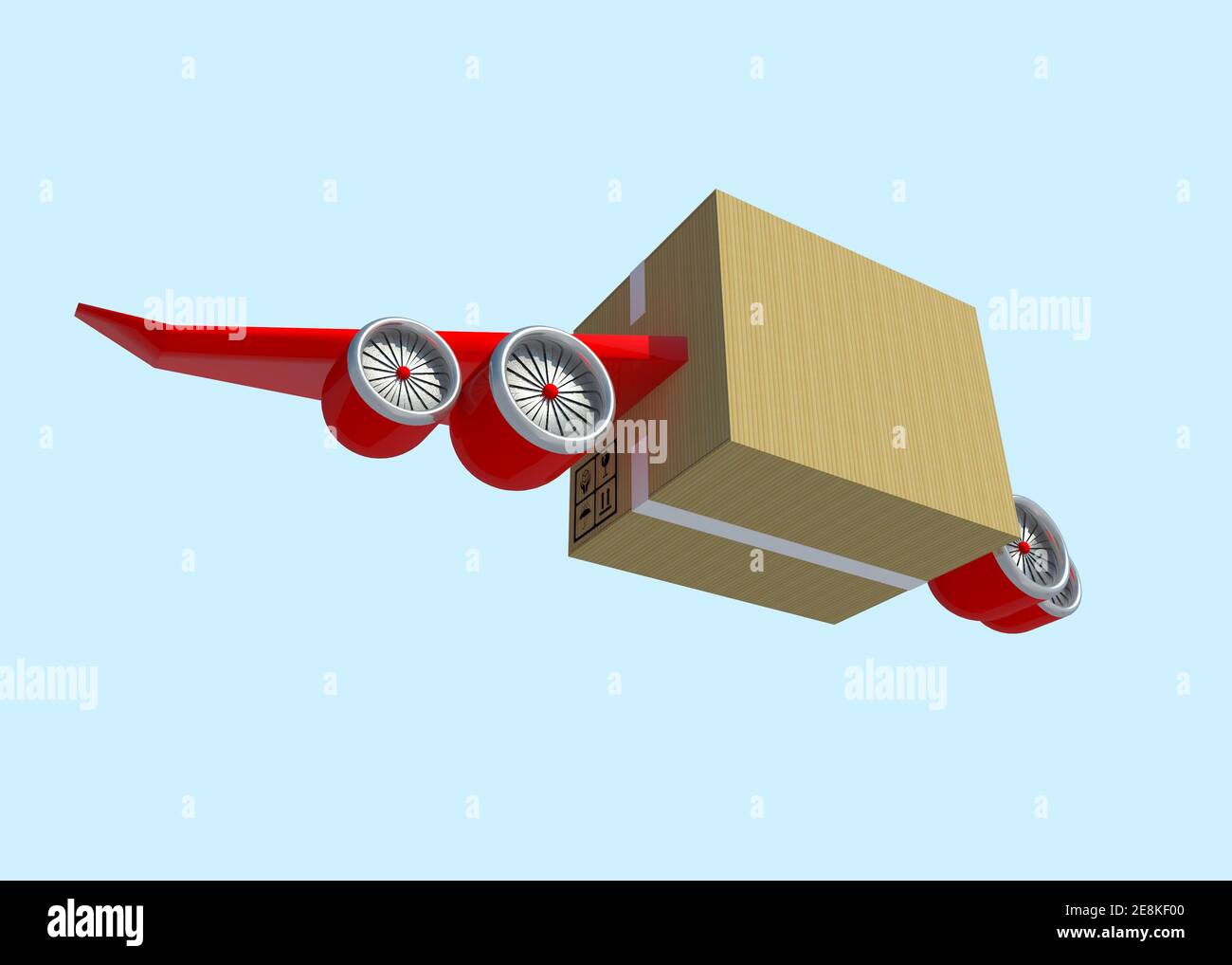 3D Illustration Box with  Aircraft wing and orange Jet engine for fast delivery service on white background with clipping path. Stock Photo