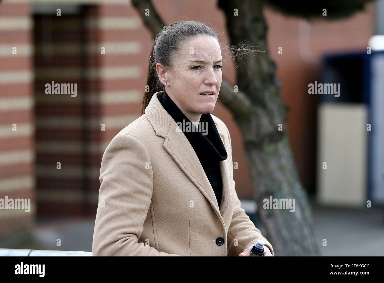 Liverpool, UK. 31st Jan, 2021. Manchester United Manager Casey Stoney makes her way to the pitch before k/o. Barclays Women's super league match, Everton Women v Manchester Utd Women at Walton Hall Park in Liverpool on Sunday 31st January 2021. this image may only be used for Editorial purposes. Editorial use only, license required for commercial use. No use in betting, games or a single club/league/player publications.pic by Chris Stading/Andrew Orchard sports photography/Alamy Live News Credit: Andrew Orchard sports photography/Alamy Live News Stock Photo