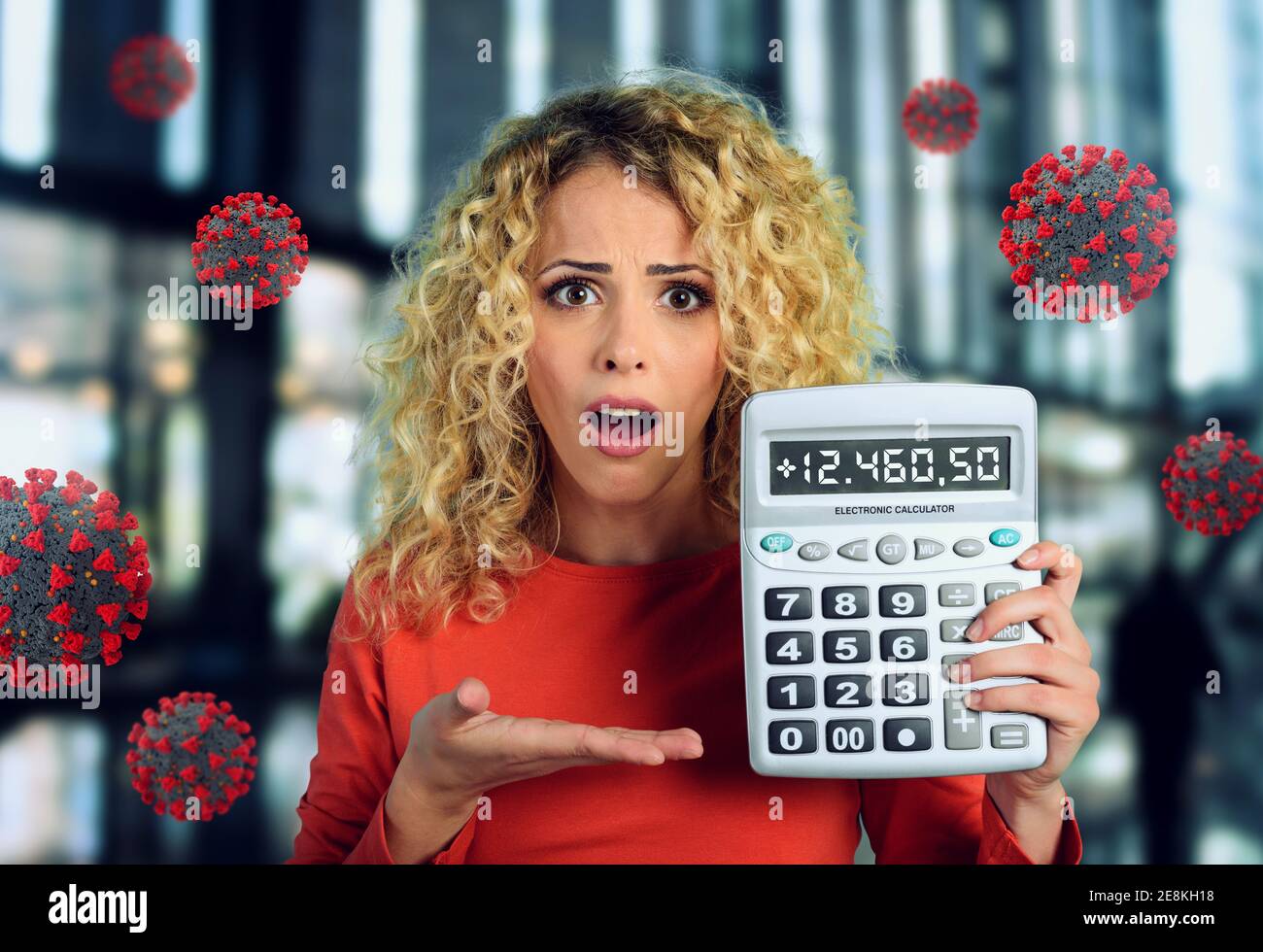 Shocked expression of a woman who is scared to increase of coronavirus contagion. Stock Photo