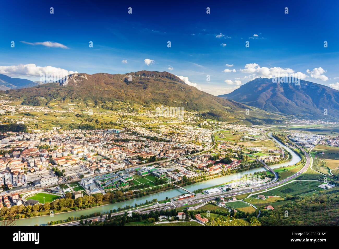 Panoramic view on Trento and Adige river from above Stock Photo