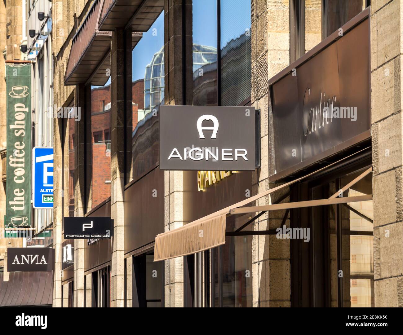 Hamburg, Germany: Aigner logo on Aigner's shop. Aigner is an international  luxury fashion company Stock Photo - Alamy