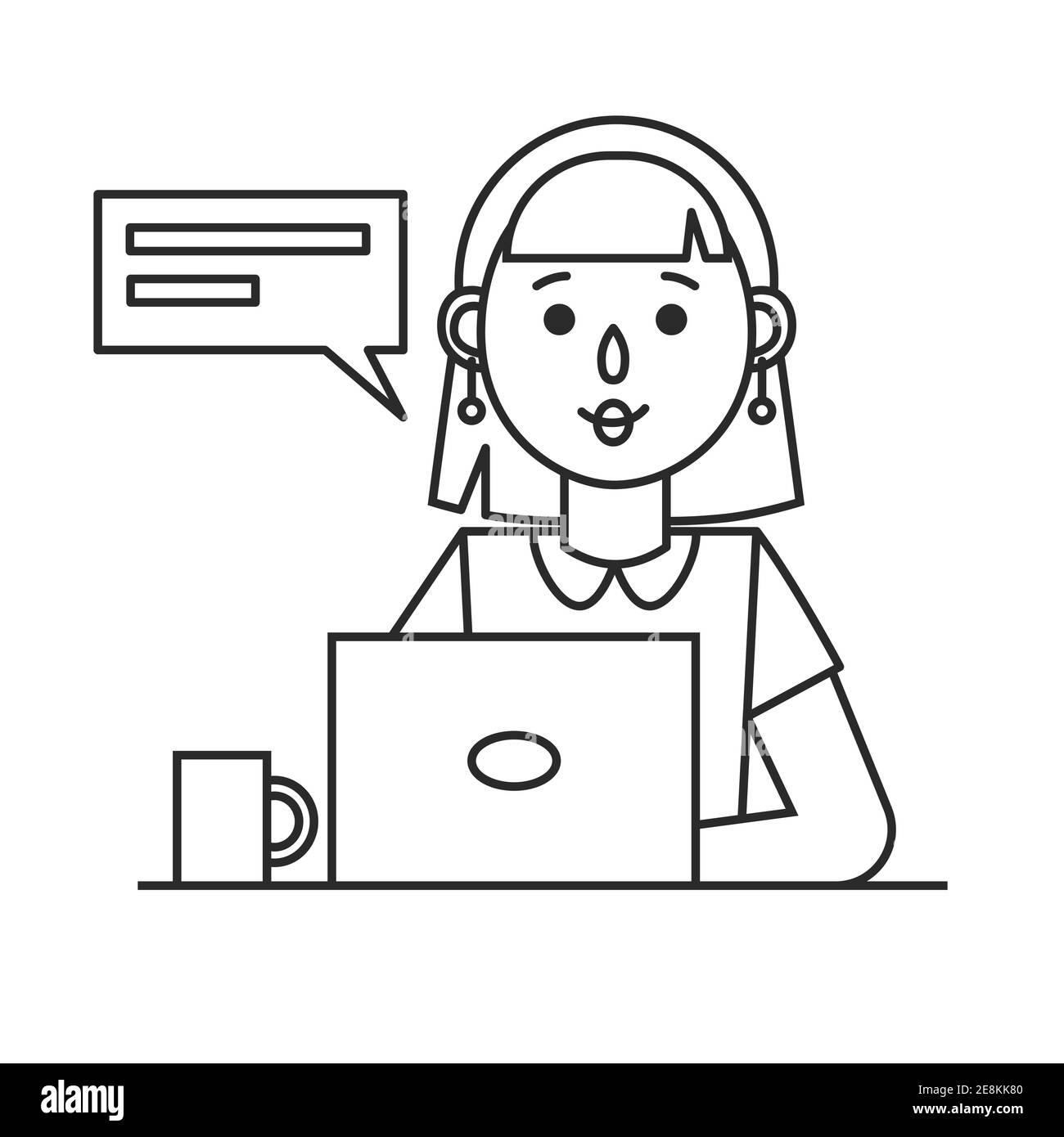 Girl working with a laptop computer. Icon of a female secretary, teacher or  office worker. Outline vector illustration Stock Vector Image & Art - Alamy