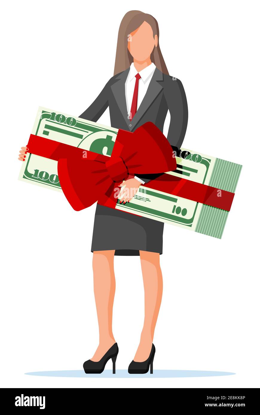 Successful businesswoman celebrates victory holding dollar bundle with ribbon and bow. Business success, triumph, goal or achievement. Winning of competition. Vector illustration flat style Stock Vector