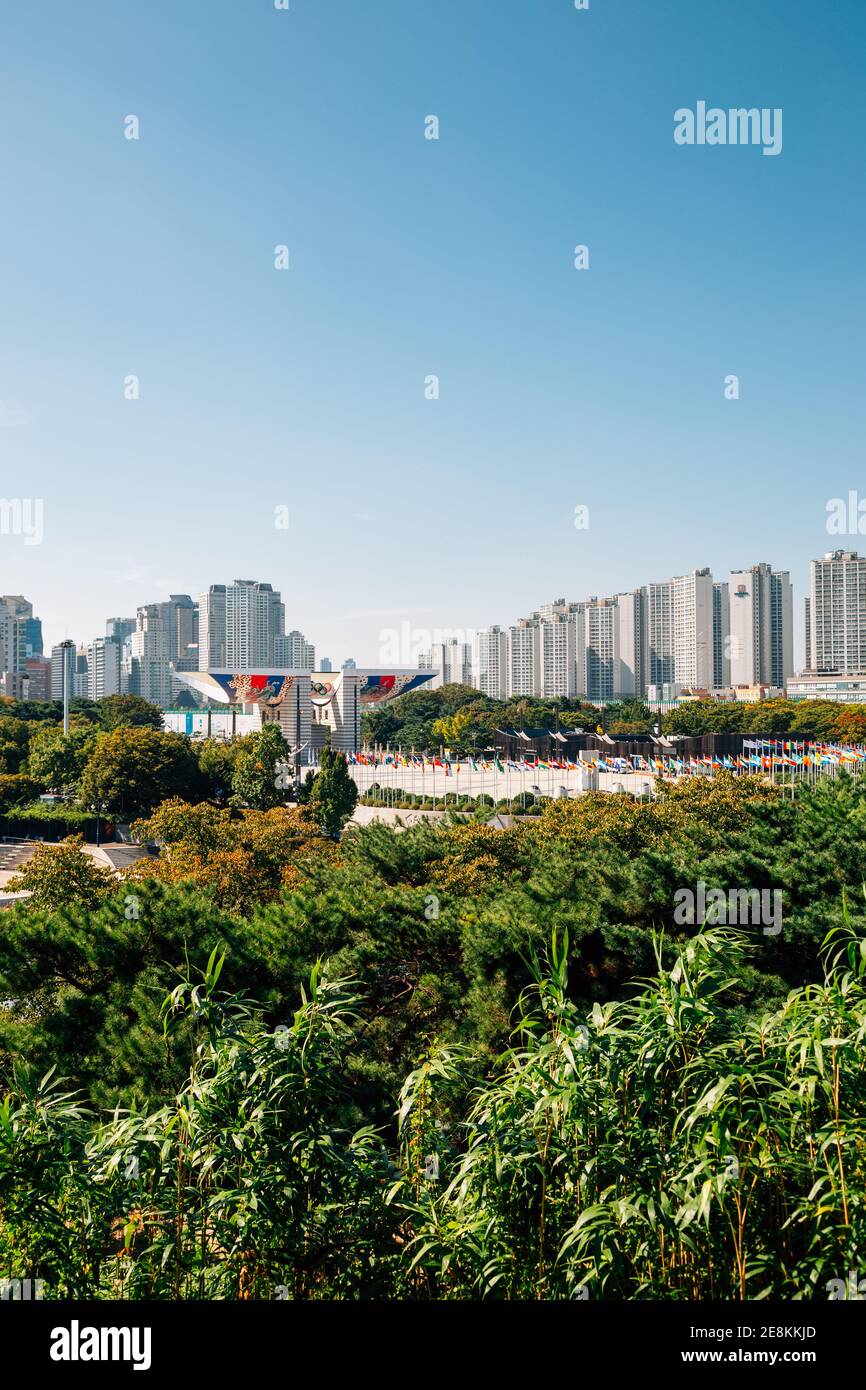 Seoul, Korea - October 6, 2020 : Olympic park green forest and Seoul cityscape Stock Photo