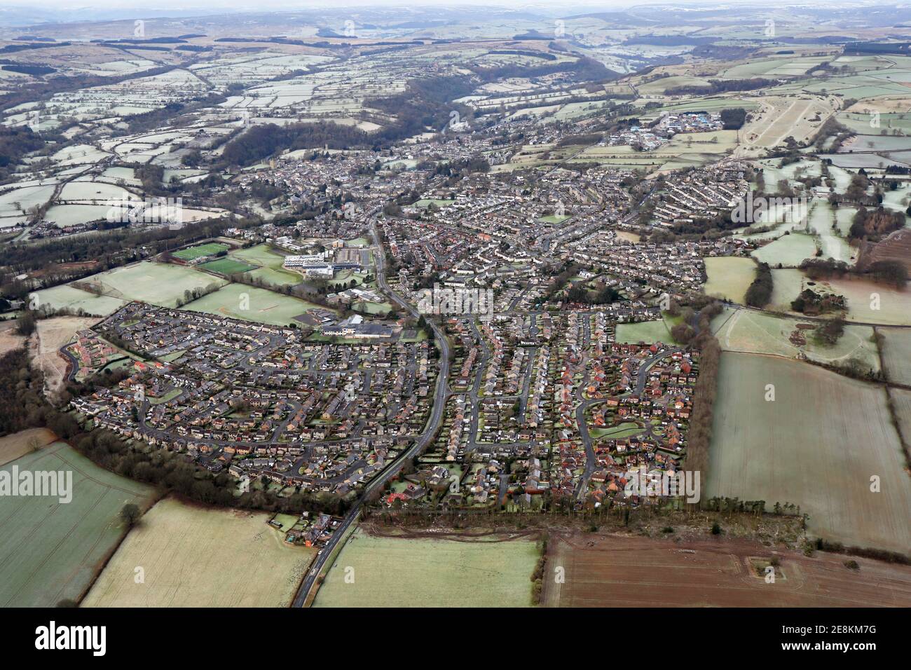 aerial view of Richmond, North Yorkshire on a frosty day in January 2021 (view from the east looking up the A6108 Darlington Road to the town centre) Stock Photo