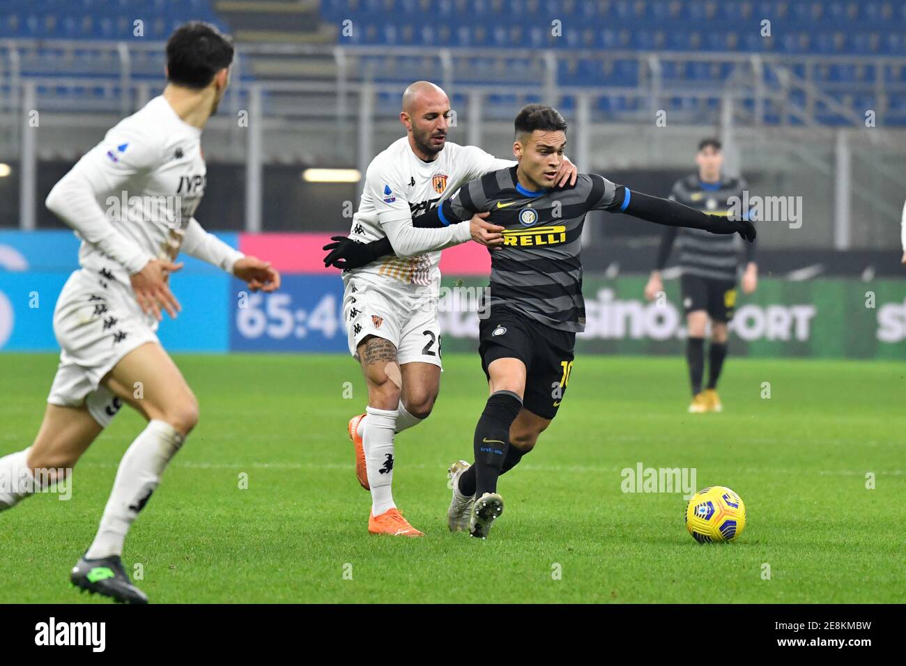 Milano, Italy. 30th, January 2021. Lautaro Martinez (10) of Inter Milan and Pasquale Schiattarella (28) of Benevento seen in the Serie A match between Inter Milan and Benevento at Giuseppe Meazza in Milano. (Photo credit: Gonzales Photo - Tommaso Fimiano). Stock Photo