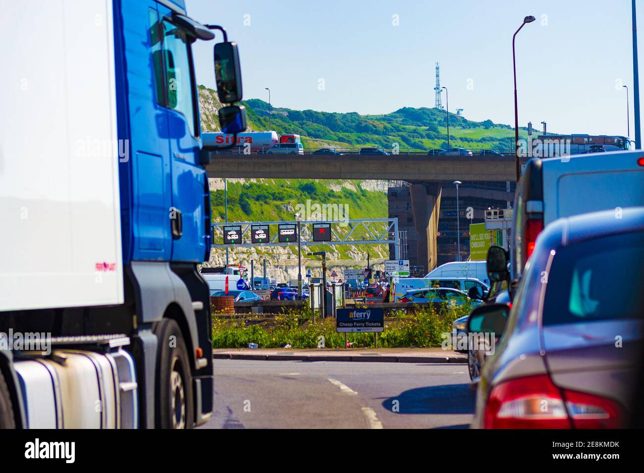 Heavy traffic at A20 road near Dover town,Kent United Kingdom,July 2016 Stock Photo