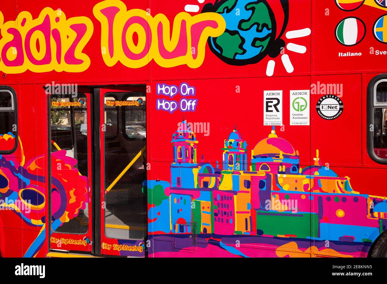 Colourful tour bus, Cadiz, Spain Stock Photo