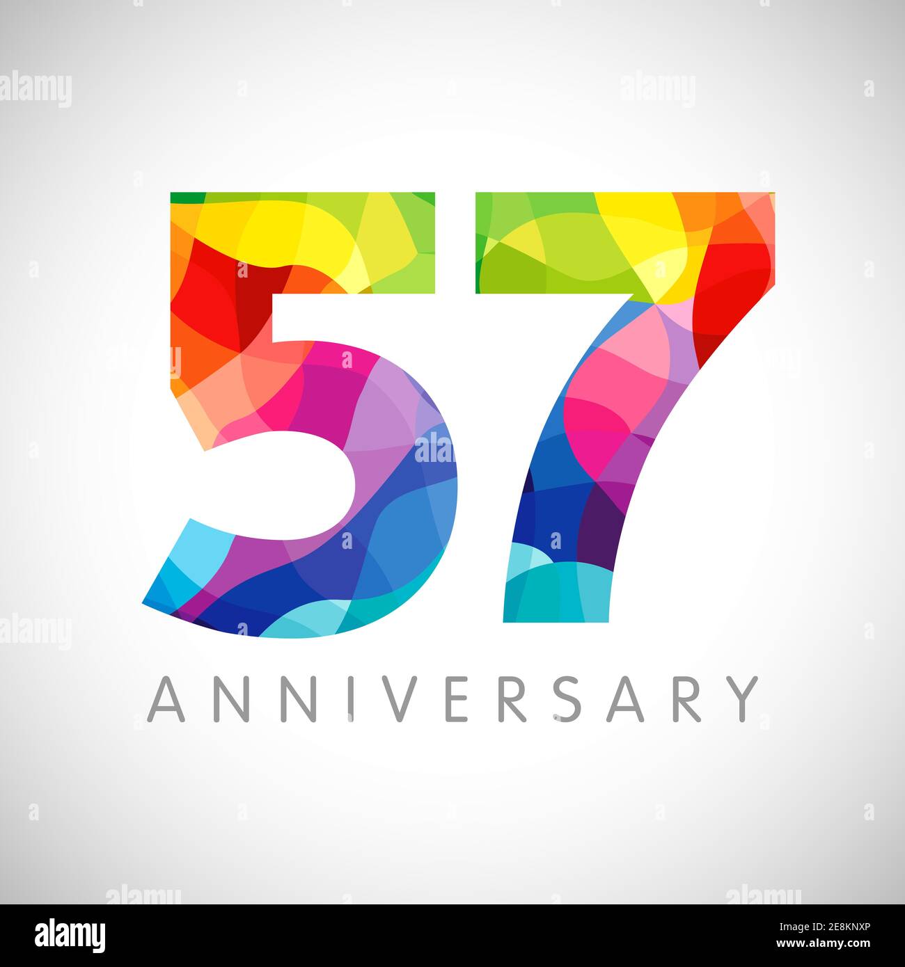 57th anniversary numbers. 57 years old logotype. Bright congrats. Isolated abstract graphic design template. Creative 5, 7 sign, 3D digits. Up to 57%, Stock Vector
