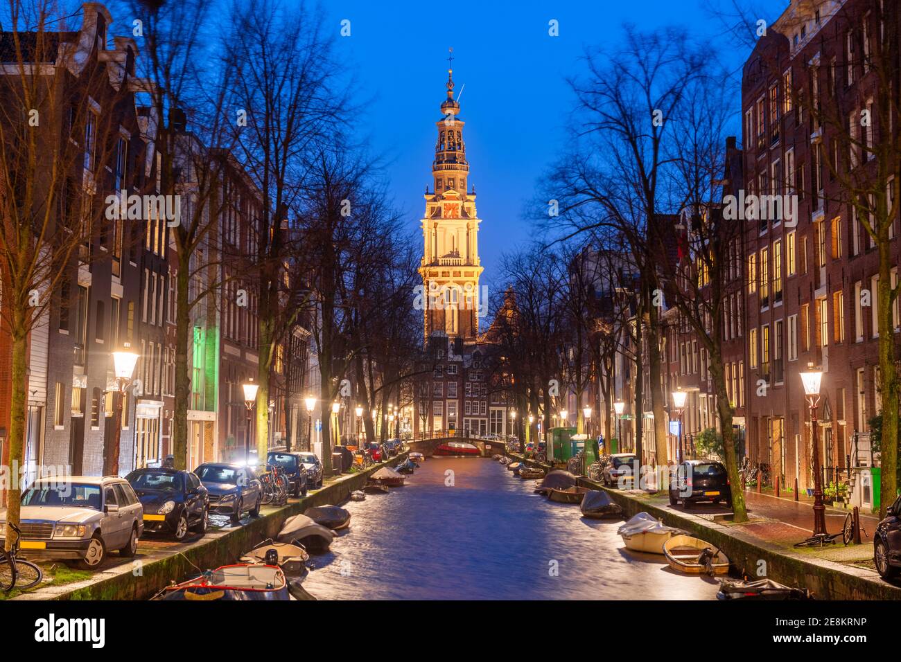 Amsterdam, Netherlands bridges and canals at twilight. Stock Photo