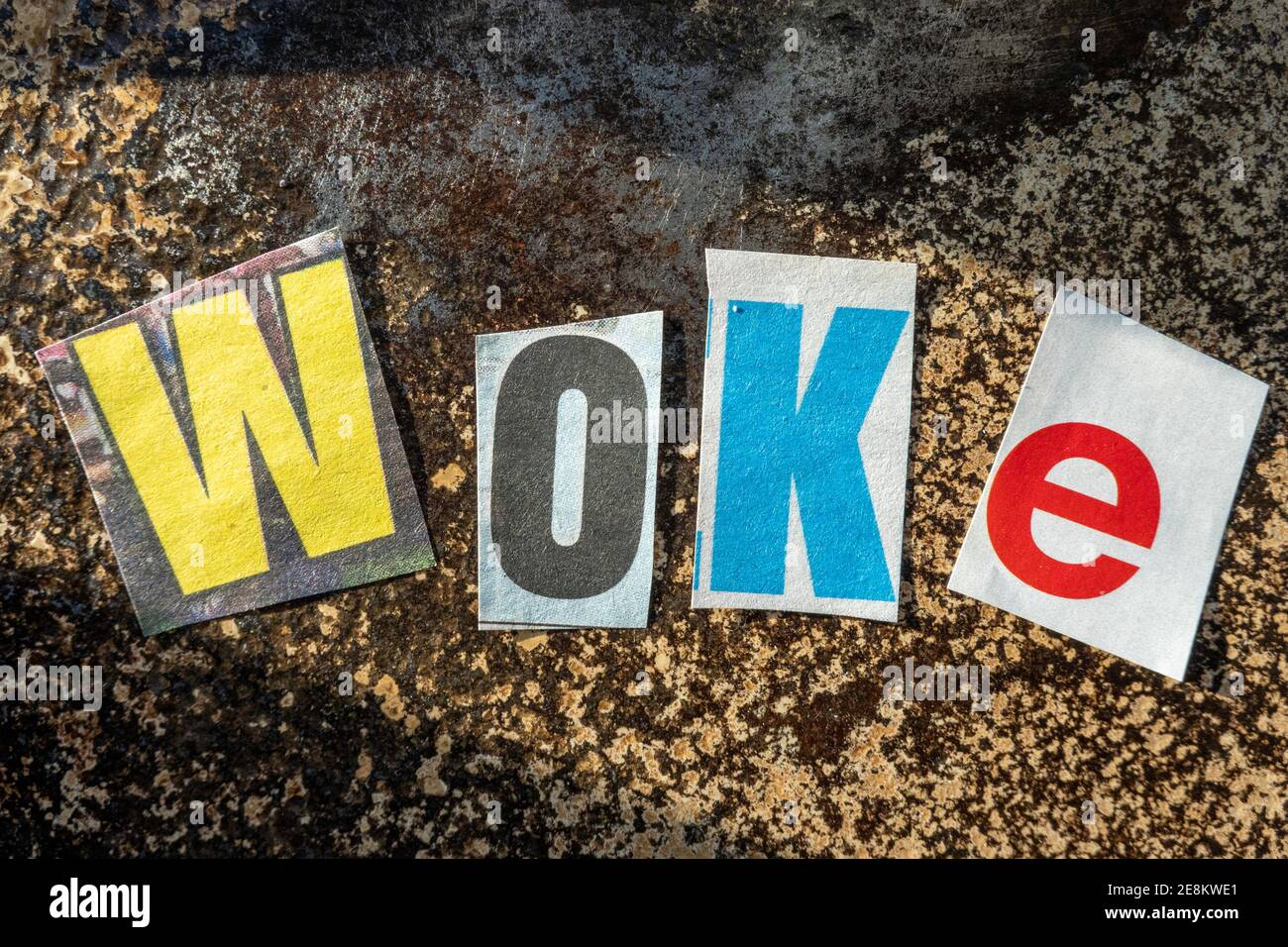 TheTerm "Stay WOKE" using cut-out paper letters in the ransom note effect typography Stock Photo