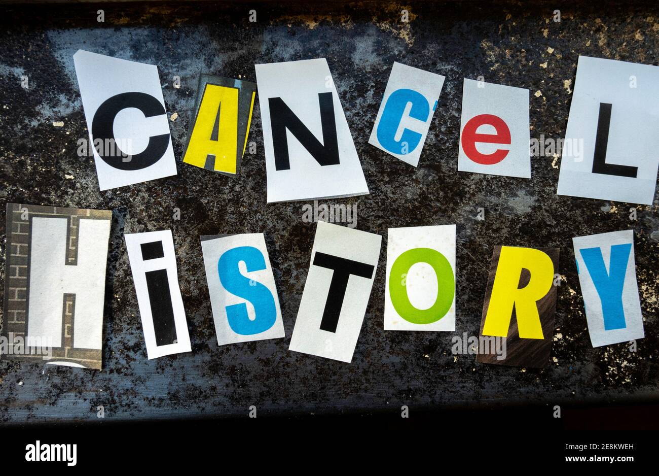 The Phrase 'Cancel History' using cut-out paper letters in the ransom note effect typography, USA Stock Photo