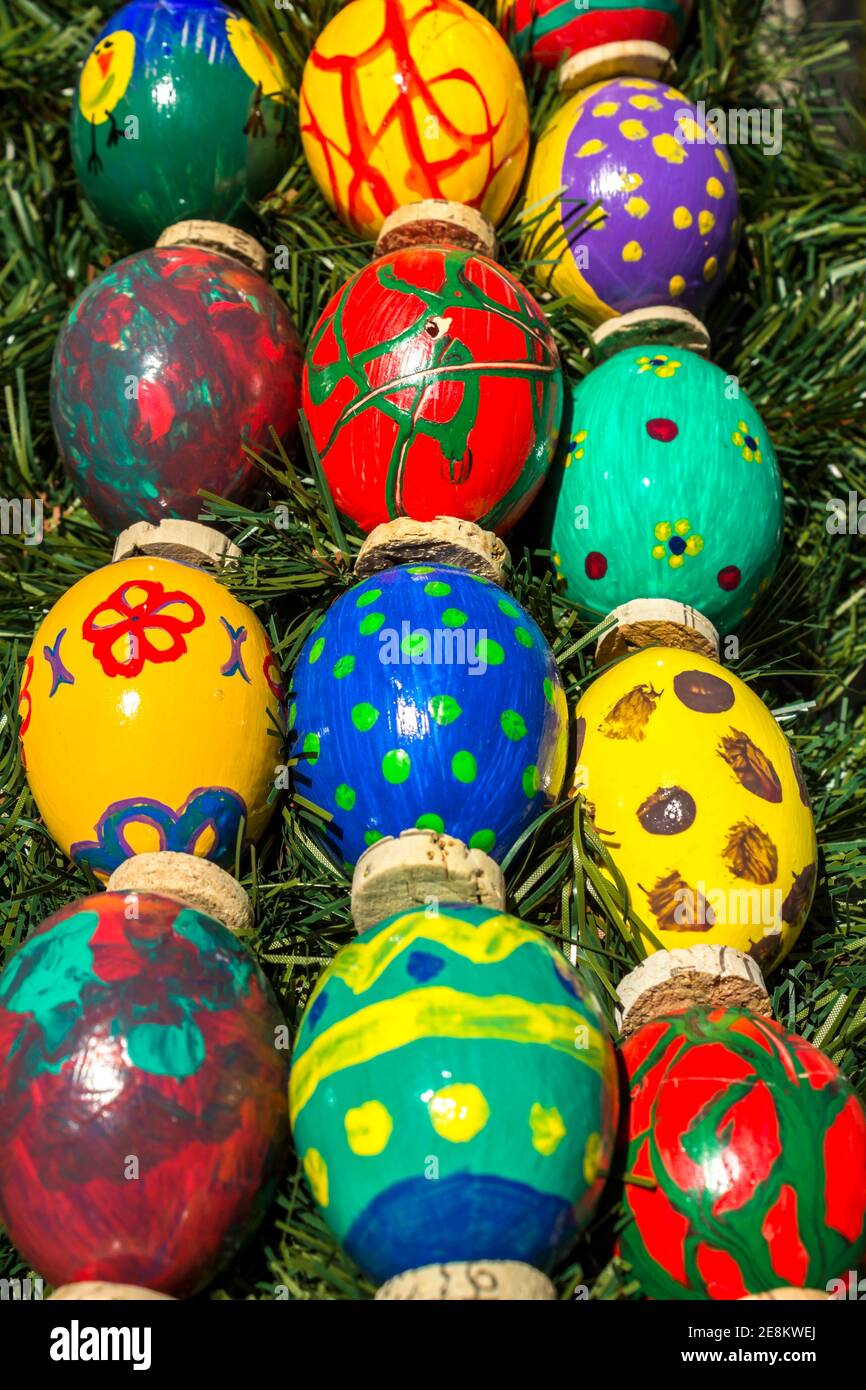 an exhibition of Easter eggs, multi-colored eggs painted Stock Photo