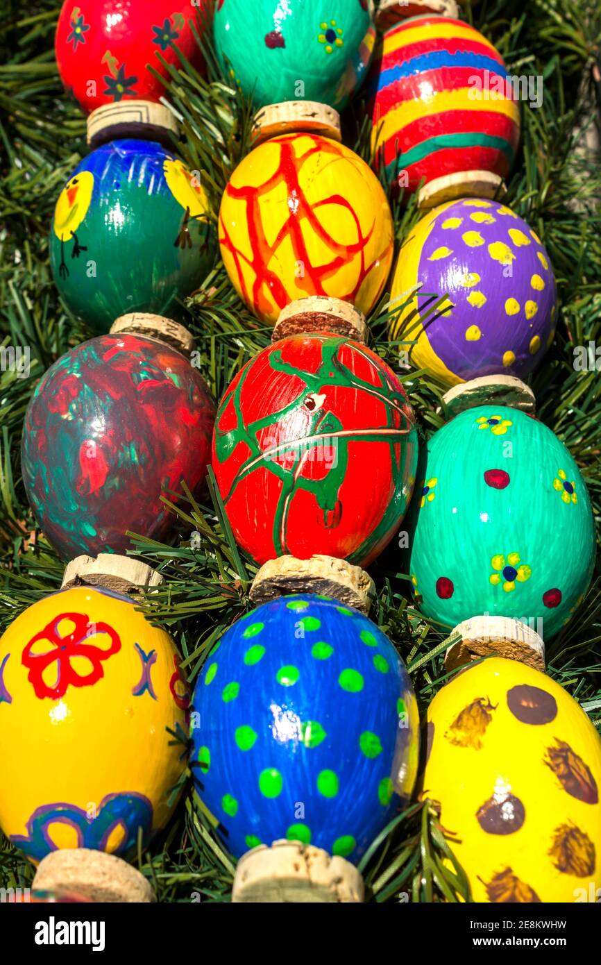 an exhibition of Easter eggs, multi-colored eggs painted Stock Photo