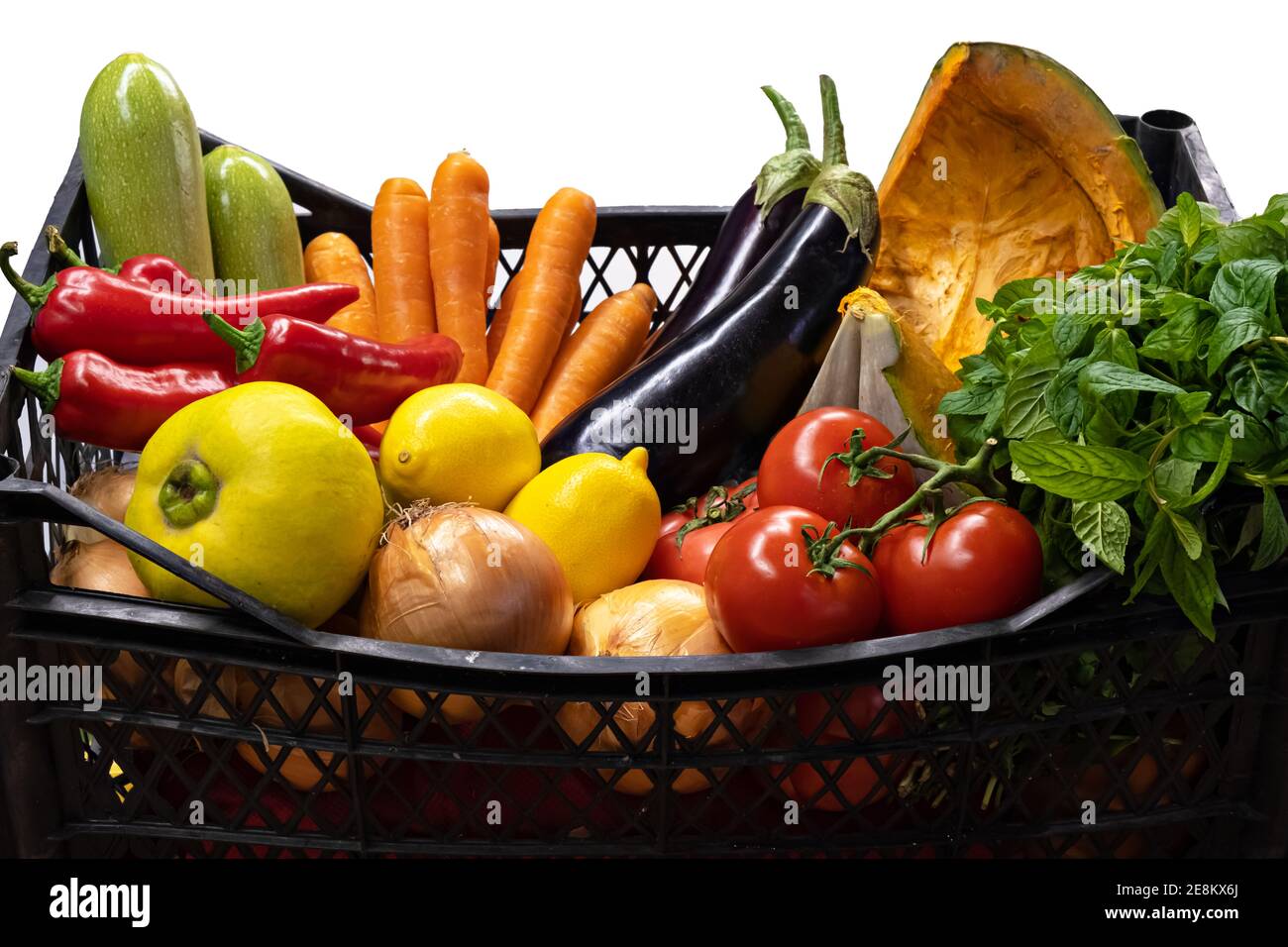 box of fresh organik farm vegetables isolated on white Stock Photo - Alamy
