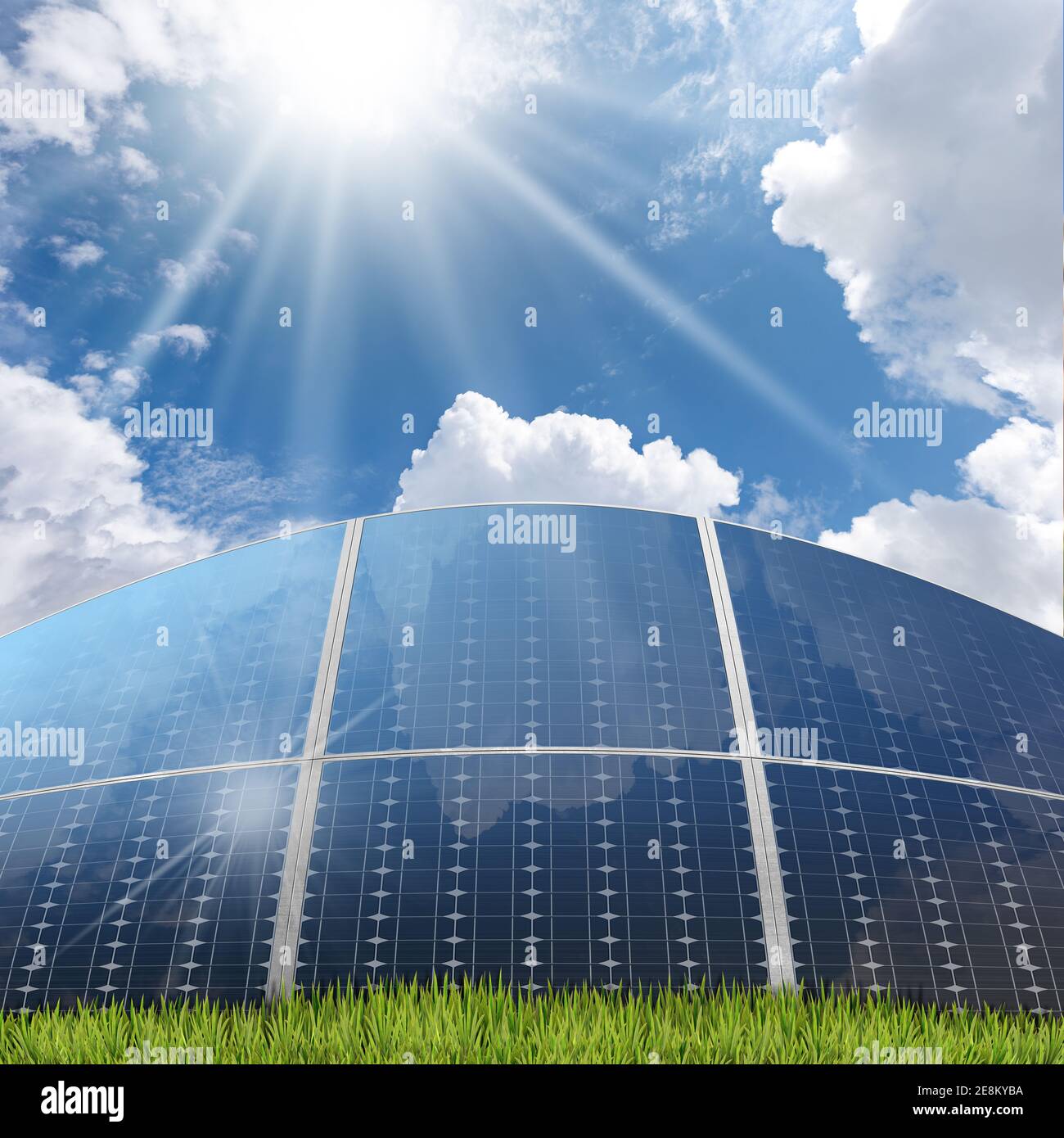 Group of solar panels on blue sky with clouds and sun rays, Front view. Solar energy concept. Stock Photo