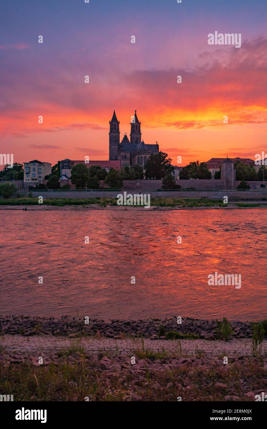 Beautiful bloody sunset at historical downtown of Magdeburg, old town
