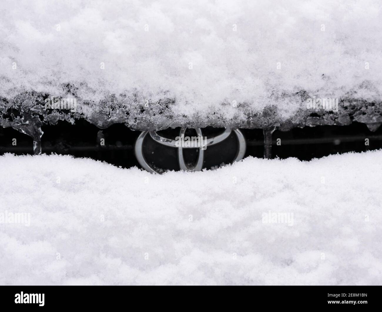 BERLIN, GERMANY - JANUARY 30, 2021: Close-up of A Snow-capped Toyota Logo On A Car In Berlin, Germany Stock Photo