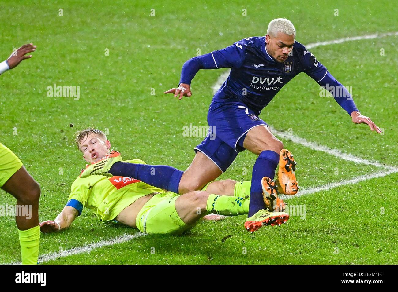 Anderlecht's Lukas Nmecha and Gent's Andreas Hanche Olsen fight for the ball during a soccer match between RSCA Anderlecht and KAA Gent, Sunday 31 Jan Stock Photo
