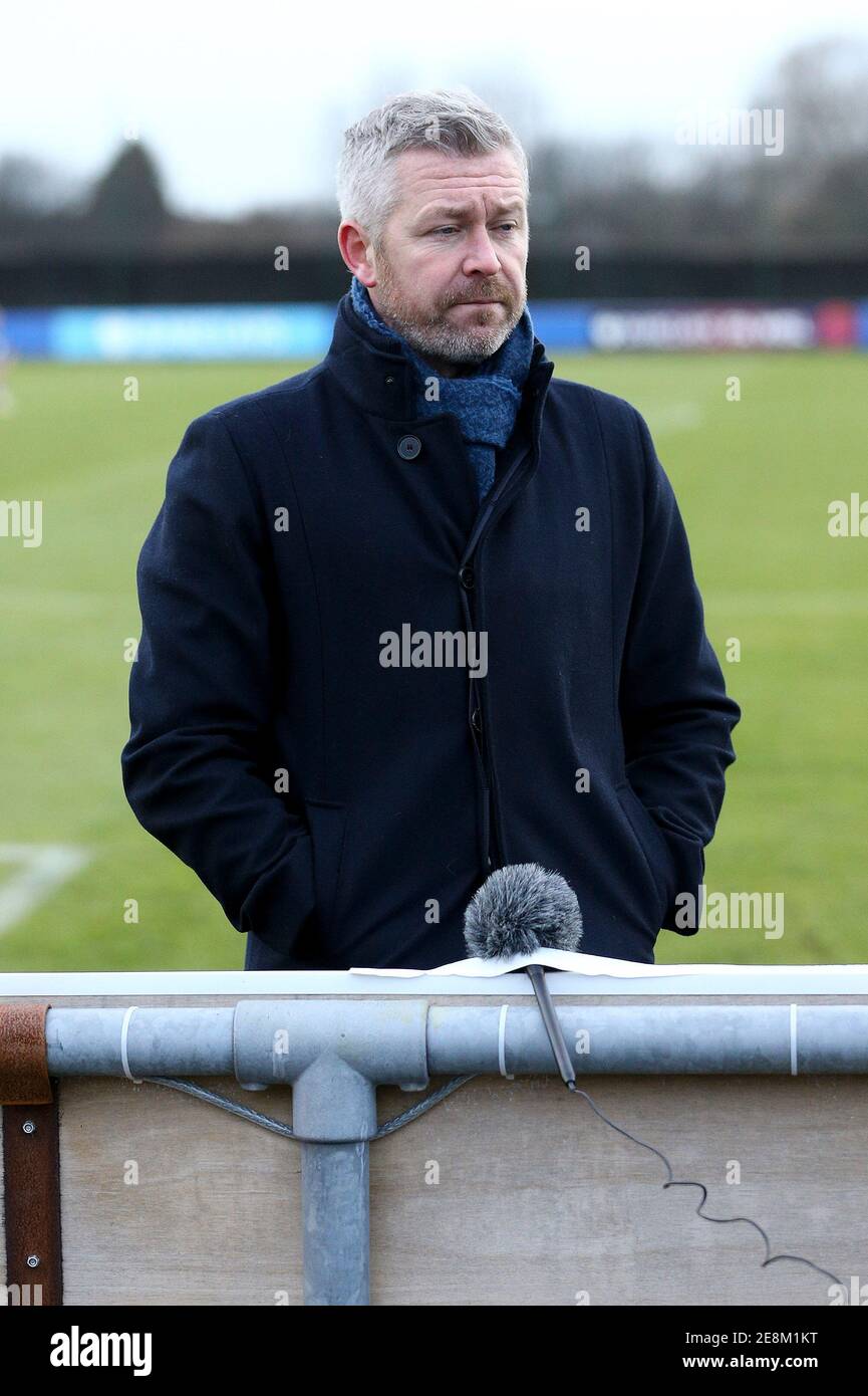 Liverpool, UK. 31st Jan, 2021. Everton manager Willie Kirk is interviewed at the end of the game. Barclays Women's super league match, Everton Women v Manchester Utd Women at Walton Hall Park in Liverpool on Sunday 31st January 2021. this image may only be used for Editorial purposes. Editorial use only, license required for commercial use. No use in betting, games or a single club/league/player publications.pic by Chris Stading/Andrew Orchard sports photography/Alamy Live News Credit: Andrew Orchard sports photography/Alamy Live News Stock Photo