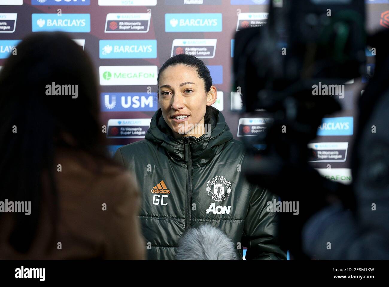 Liverpool, UK. 31st Jan, 2021. Christen Press of Manchester United is interviewed for television at the end to the game. Barclays Women's super league match, Everton Women v Manchester Utd Women at Walton Hall Park in Liverpool on Sunday 31st January 2021. this image may only be used for Editorial purposes. Editorial use only, license required for commercial use. No use in betting, games or a single club/league/player publications.pic by Chris Stading/Andrew Orchard sports photography/Alamy Live News Credit: Andrew Orchard sports photography/Alamy Live News Stock Photo