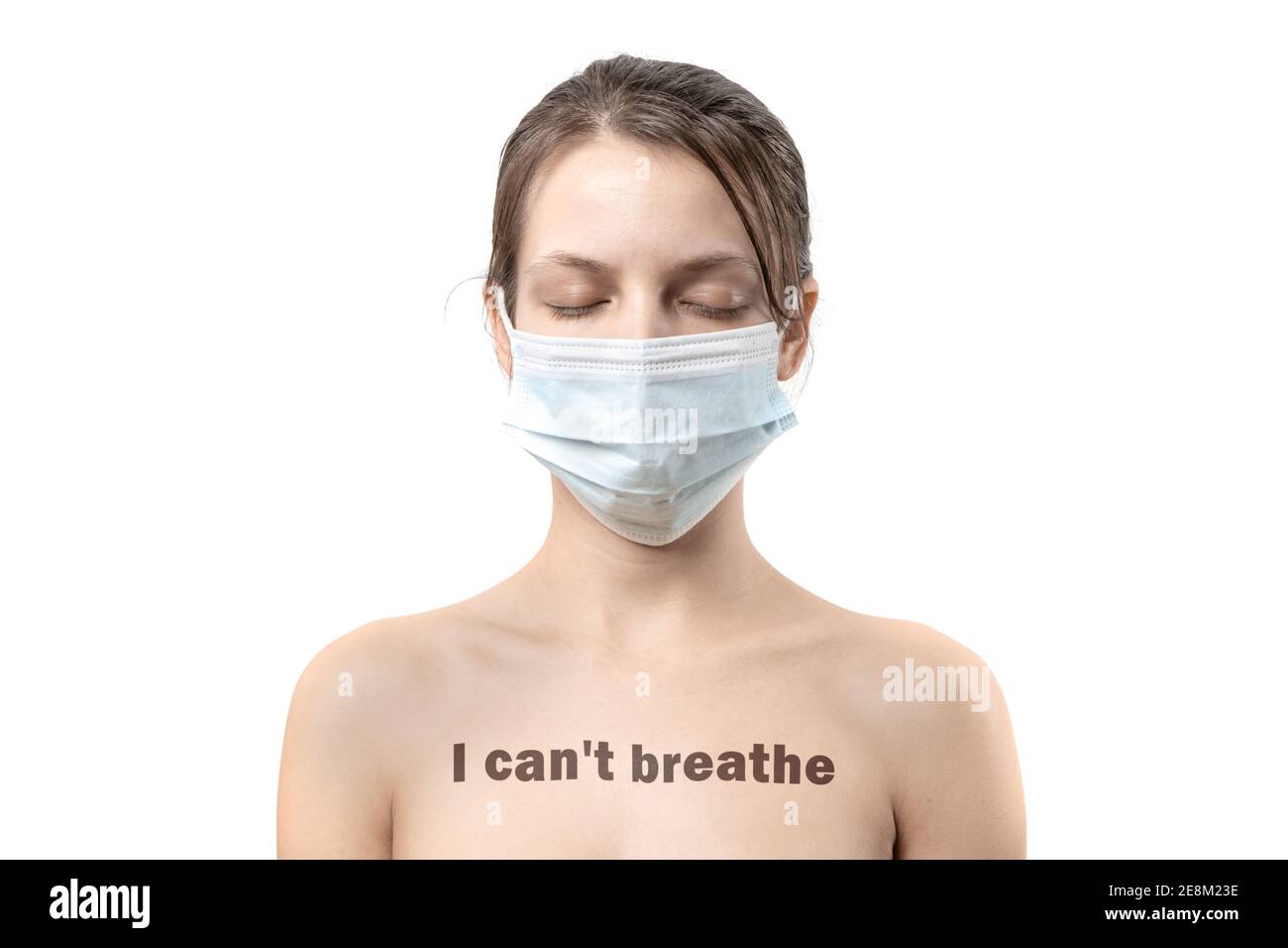 Anti-mask protest and anti-propaganda of the COVID-19 pandemic poster 'I can't breathe'. Sad young woman in a medical mask with eyes closed. Stock Photo