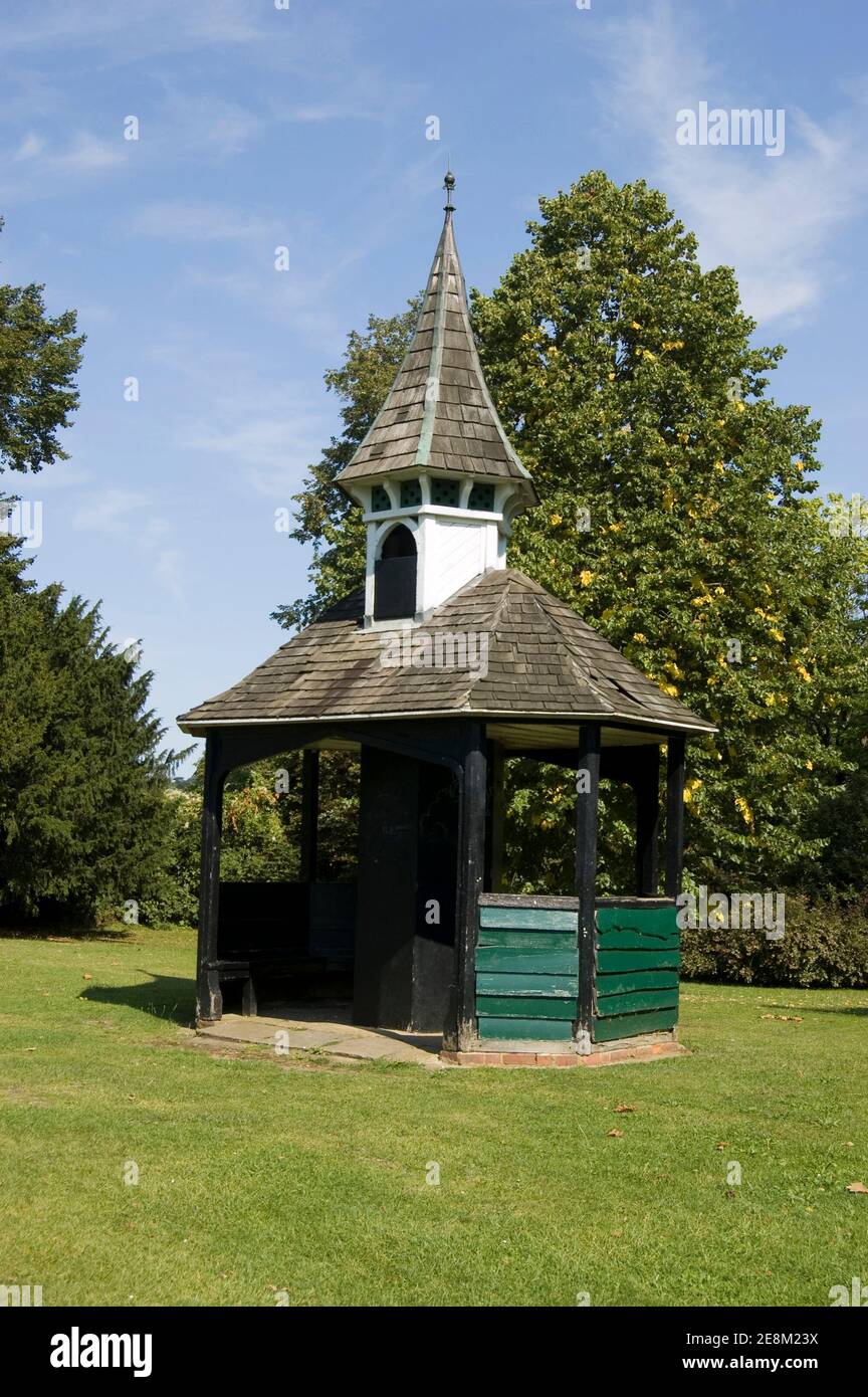 Wooden shelter at Guard's Club Park in Maidenhead, Berkshire. The gazebo is made from the spire of the former boathouse. Stock Photo